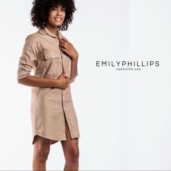 Emily Phillips 6 Shirtdress Tan Top Dress Small Button Down Up Long Sleeve Mini - Picture 3 of 12